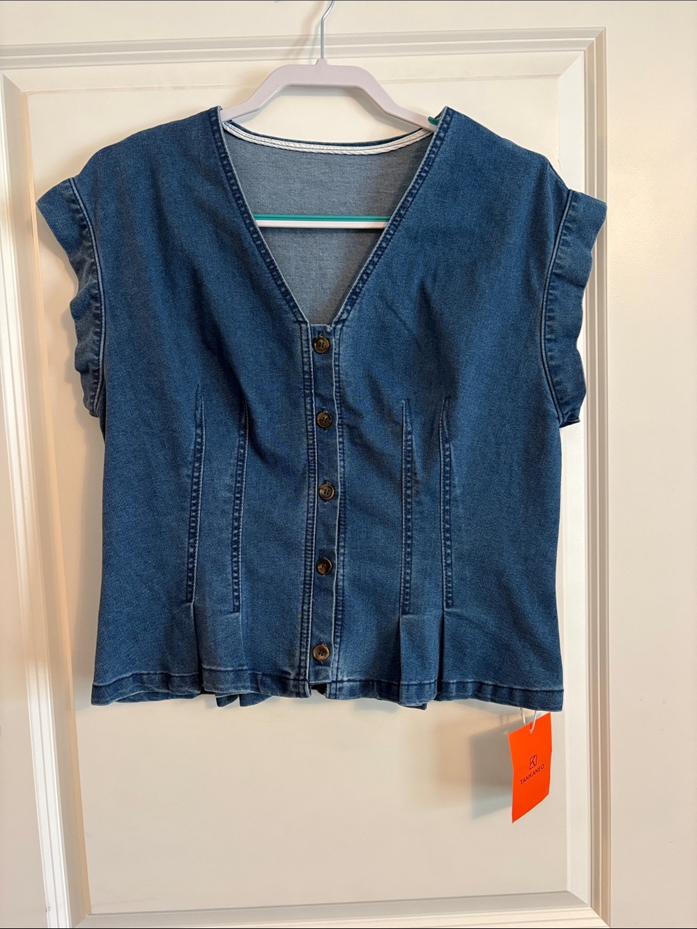 Tankaneo | Dark Blue Denim | Button-Front Vest Top | Tailored Peplum Fit